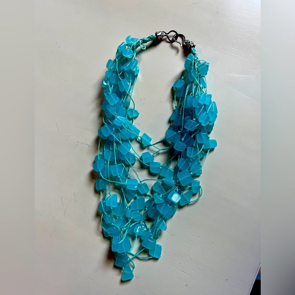 Turquoise multi strand faux glass square bead necklace